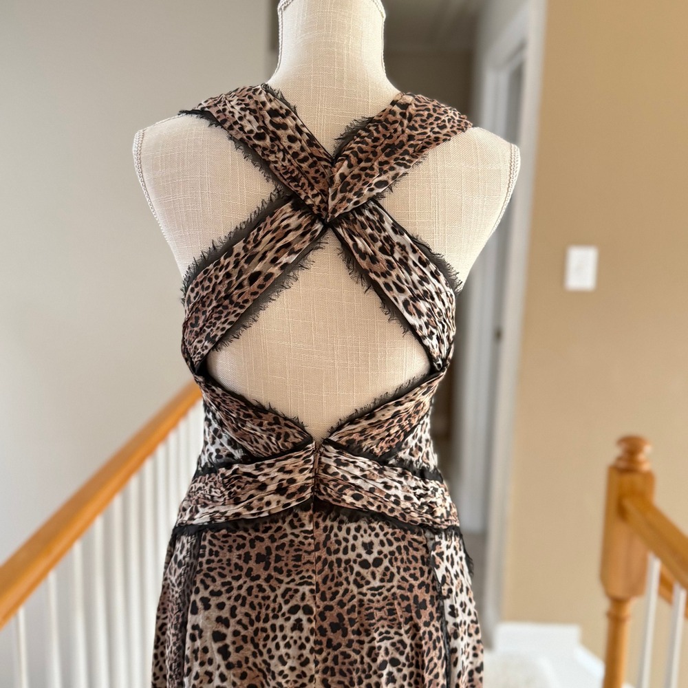 Mandalay Evening Gown Grey Leopard Print Silk V-Neck Maxi Evening Dress - Picture 7 of 16